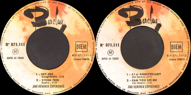 Discographie : Made in Barclay 1967 - EP Barclay 071.111 Hey Joe Label